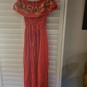 Davi & Dani Red Off-Shoulder Embroidered Dress